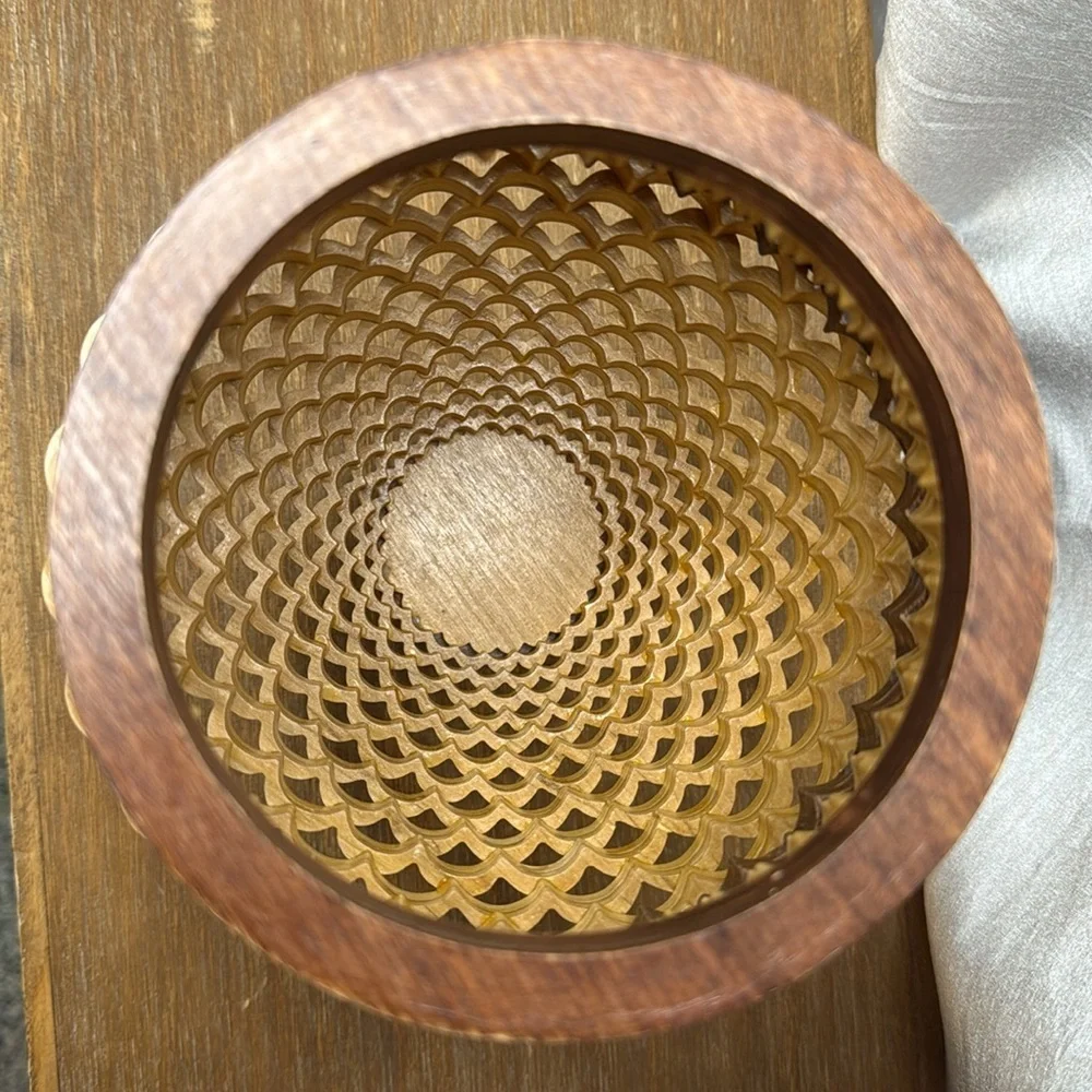 Handcrafted 9” Wooden Tornado Basket Vase Scalloped 2012 Signed Glazed
